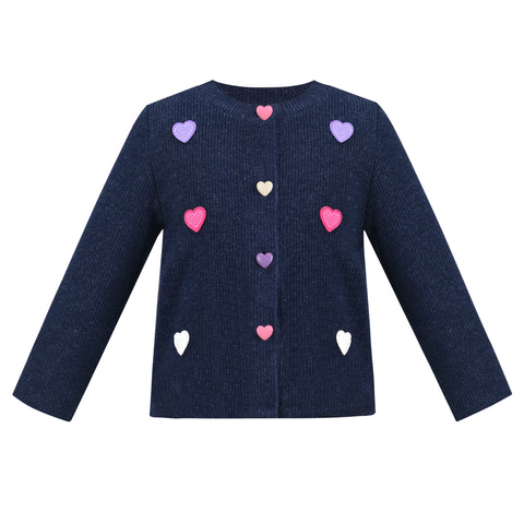 Girls Dress Blue Heart Button Embroidery Ribbed Knit Casual Winter Size 4-10 Years