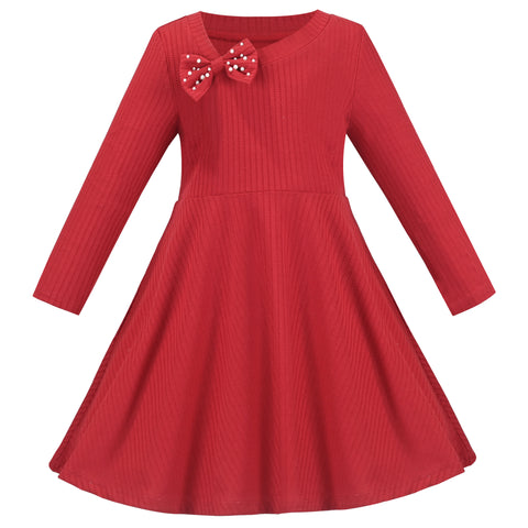 Girls Dress Red Christmas Knit Rib Pearl Bow Casual Party Size 6-12 Years