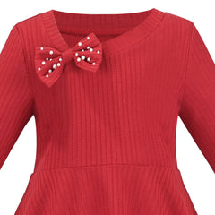 Girls Dress Red Christmas Knit Rib Pearl Bow Casual Party Size 6-12 Years