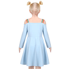 Girls Dress Blue Rainbow Cloud Spaghetti Halter Strap Pocket Daily School Size 5-10 Years