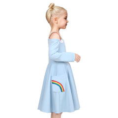 Girls Dress Blue Rainbow Cloud Spaghetti Halter Strap Pocket Daily School Size 5-10 Years