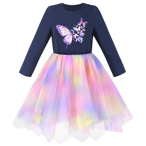 Girls Dress Blue Rainbow Gradient Butterfly Princess Tulle Long Sleeve Size 4-8 Years