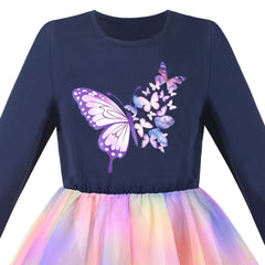 Girls Dress Blue Rainbow Gradient Butterfly Princess Tulle Long Sleeve Size 4-8 Years
