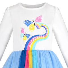 Girls Dress Blue Rainbow Butterfly Pleated Tulle Casual Long Sleeve Size 4-8 Years