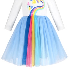 Girls Dress Blue Rainbow Butterfly Pleated Tulle Casual Long Sleeve Size 4-8 Years