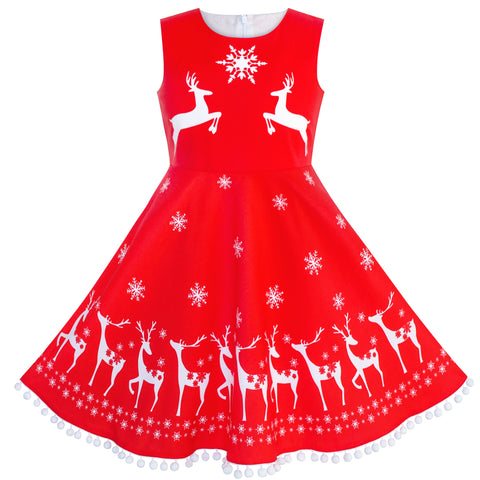 Girls Dress Red Reindeer Elk Bow Tie Christmas Party Winter Sleeveless Size 4-14 Years