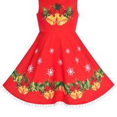 Girls Dress Red Snowflake Jingle Bell Christmas Party Holiday Size 4-14 Years