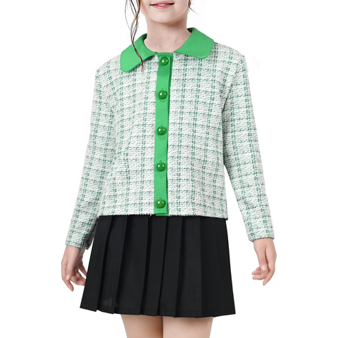 Girls Outfit Set 2 Piece Green Plaid Knit Cardigan Pleated Skirt Size 6-10 Years