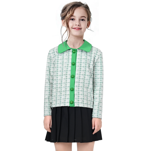 Girls Outfit Set 2 Piece Plaid Knit Cardigan Pleated Skirt Size 6-10 Years
