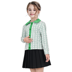 Girls Outfit Set 2 Piece Green Plaid Knit Cardigan Pleated Skirt Size 6-10 Years