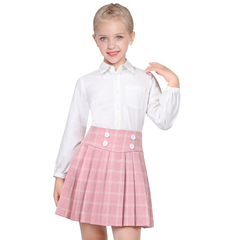 Girls Skirt Set White Shirt Pink Grid Plaid Pleated School Tennis Casual Size 6-14 Years