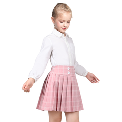 Girls Skirt Set White Shirt Pink Grid Plaid Pleated School Tennis Casual Size 6-14 Years