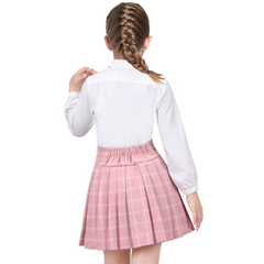 Girls Skirt Set White Shirt Pink Grid Plaid Pleated School Tennis Casual Size 6-14 Years