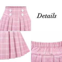 Girls Skirt Set White Shirt Pink Grid Plaid Pleated School Tennis Casual Size 6-14 Years