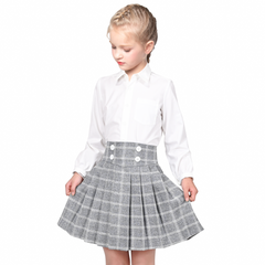 Girls Skirt Set White Shirt Gray Grid Plaid Pleated School Tennis Casual Size 6-14 Years
