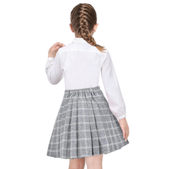 Girls Skirt Set White Shirt Gray Grid Plaid Pleated School Tennis Casual Size 6-14 Years