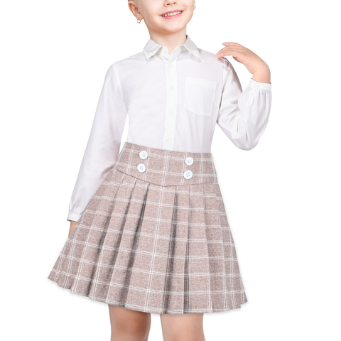 Girls Skirt Set T-shirt Beige Grid Check Plaid Pleated School Casual Size 6-14 Years