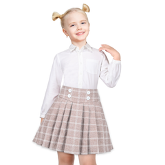 Girls Skirt Set T-shirt Beige Grid Check Plaid Pleated School Casual Size 6-14 Years