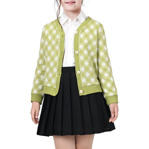 Girls Outfit Set 2 Piece Green Check Button Cardigan Mini Pleated Skirt Size 6-10 Years
