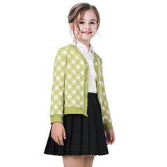 Girls Outfit Set 2 Piece Green Check Button Cardigan Mini Pleated Skirt Size 6-10 Years