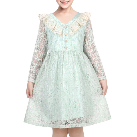 Girls Dress Green Floral Lace V Neck Ruffle Pearl Long Sleeve Party Size 7-14 Years
