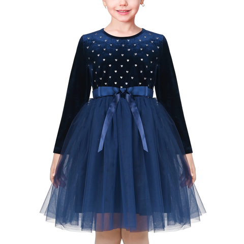Girls Dress Blue Heart Tulle Party Velvet Holiday Winter Warm Party Size 6-12 Years