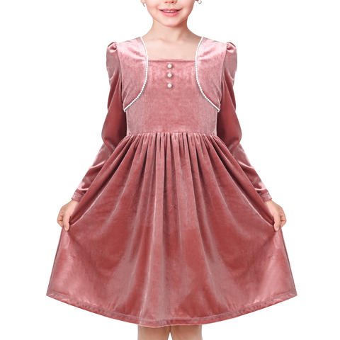 Girls Dress Pink Velvet Vintage Pearl Long Sleeve Holiday Winter Size 6-12 Years