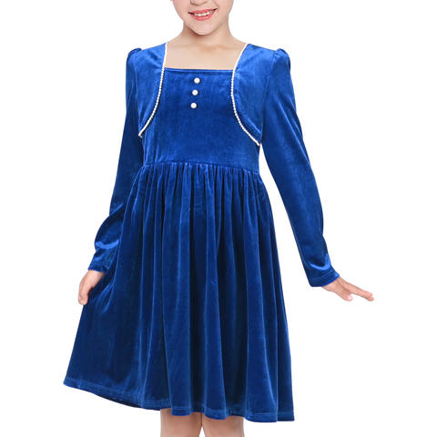 Girls Dress Royal Blue Velvet Pearl Long Sleeve Holiday Vintage Size 6-12 Years