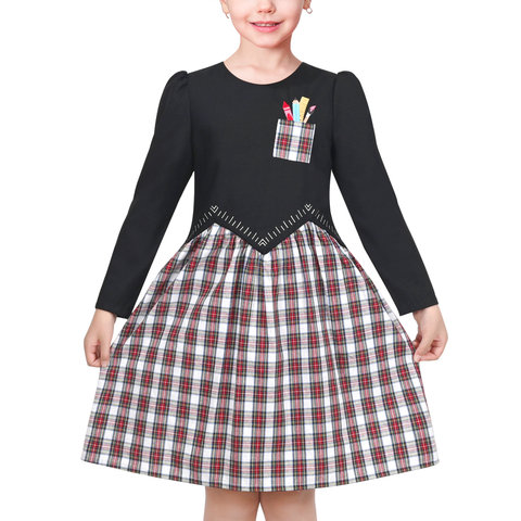 Girls Dress Black Pencil Ruler Red Check Plaid School Casual Long Sleeve Size 6-12 Years