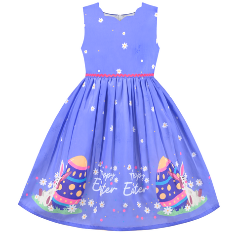 Girls Dress Purple Easter Rabbit Egg Daisy Flower Spring Sundress Size 6-12 Years