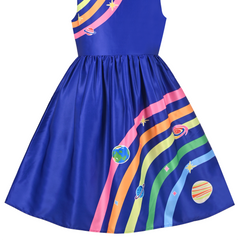 Girls Dress Blue Rainbow Universe Star Planet Earth Casual Sleeveless Size 6-12 Years