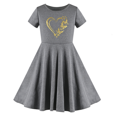 Girls Dress Gray Butterfly Heart Valentine's Day Golden Cotton Size 6-12 Years