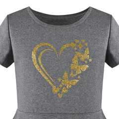 Girls Dress Gray Butterfly Heart Valentine's Day Golden Cotton Size 6-12 Years