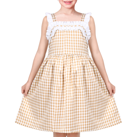 Girls Dress Yellow White Checkered Ruffle Tank Sundress Vintage School Size 4-8 Years