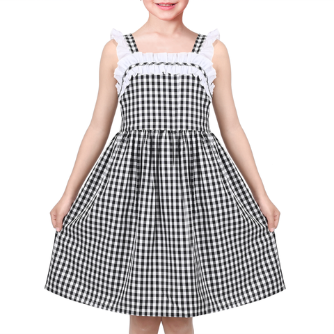 Girls Dress Black White Checkered Ruffle Tank Sundress Retro School Size 4-8 Years