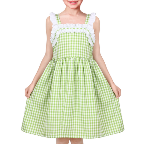 Girls Dress Green White Checkered Ruffle Tank Sundress Classic Casual Size 4-8 Years