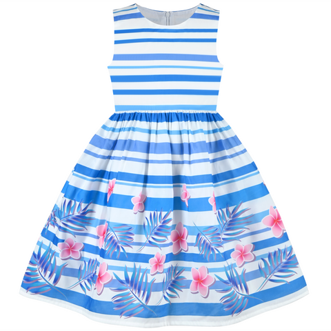 Girls Dress Blue Floral Striped Summer Sundress Sleeveless Casual Size 4-12 Years