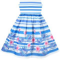 Girls Dress Blue Floral Striped Summer Sundress Sleeveless Casual Size 4-12 Years