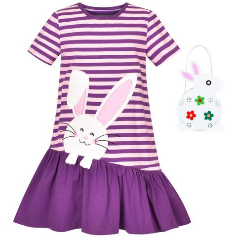 Girls Dress 2 Piece Egg Hunting Bag Purple Easter Bunny Striped Size 3-7 Years