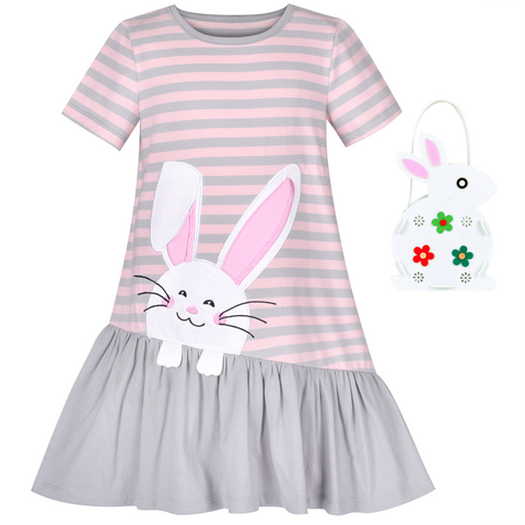 Girls Dress 2 Piece Egg Hunting Bag Gray Easter Bunny Striped Size 3-7 Years