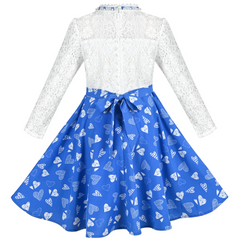 Girls Dress Blue Lace Heart Button Pearl Elegant Princess Party Pageant Size 7-14 Years