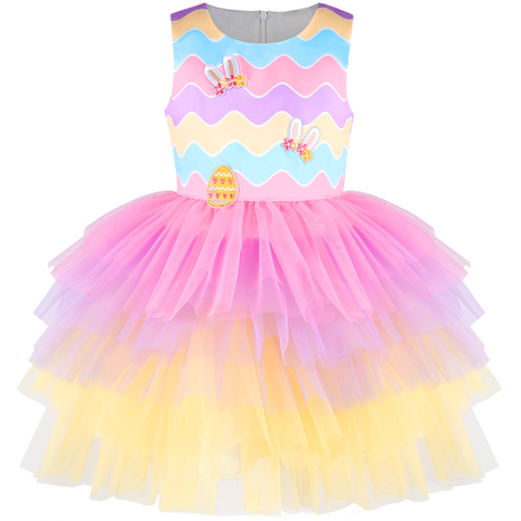 Girls Dress Rainbow Layered Tier Tulle Easter Egg Hunting Bunny Party Size 3-8 Years