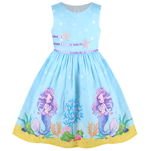 Girls Dress Blue Sea Mermaid Starfish Cartoon Summer Casual Sleeveless Size 4-12 Years