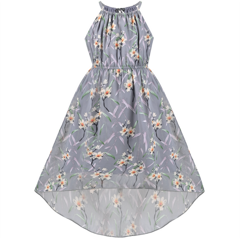 Girls Dress Gray Flower Hi-lo Style Halter Sleeveless Summer Sundress Size 6-12 Years