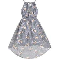 Girls Dress Gray Flower Hi-lo Style Halter Sleeveless Summer Sundress Size 6-12 Years