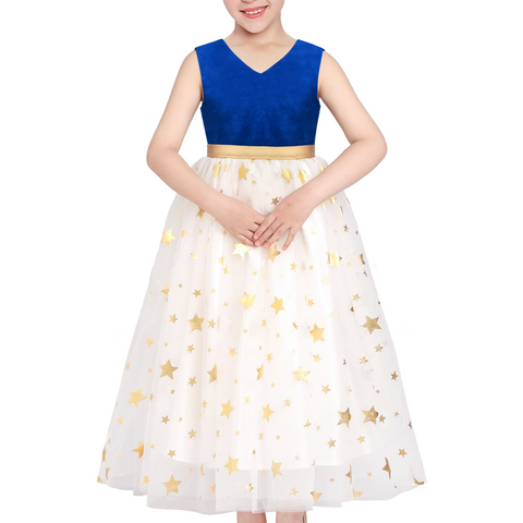 Girls Dress Blue Vintage V-neck Hollow Back Gold Star Bow Tie Tulle Size 6-12 Years