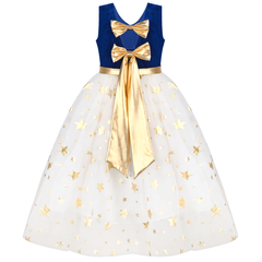 Girls Dress Blue Vintage V-neck Hollow Back Gold Star Bow Tie Tulle Size 6-12 Years