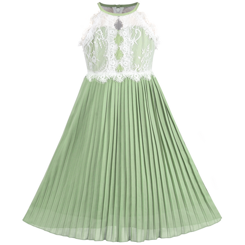Girls Dress Green Halter Princess Lace Pleated Formal Party Wedding Size 6-12 Years