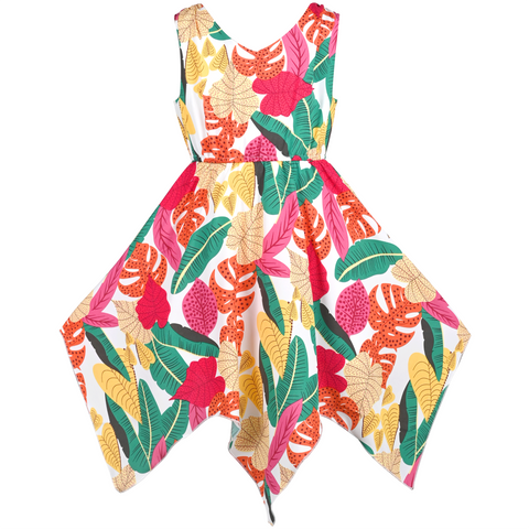 Girls Dress Tropical Floral Sundress Hanky Hem Summer Hawaiian Beach Size 7-14 Years