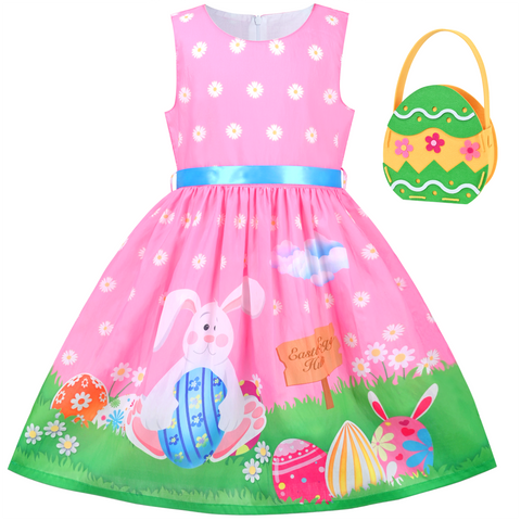Girls Dress 2 Piece Bag Easter Bunny Egg Hunting Pink Holiday Size 4-12 Years